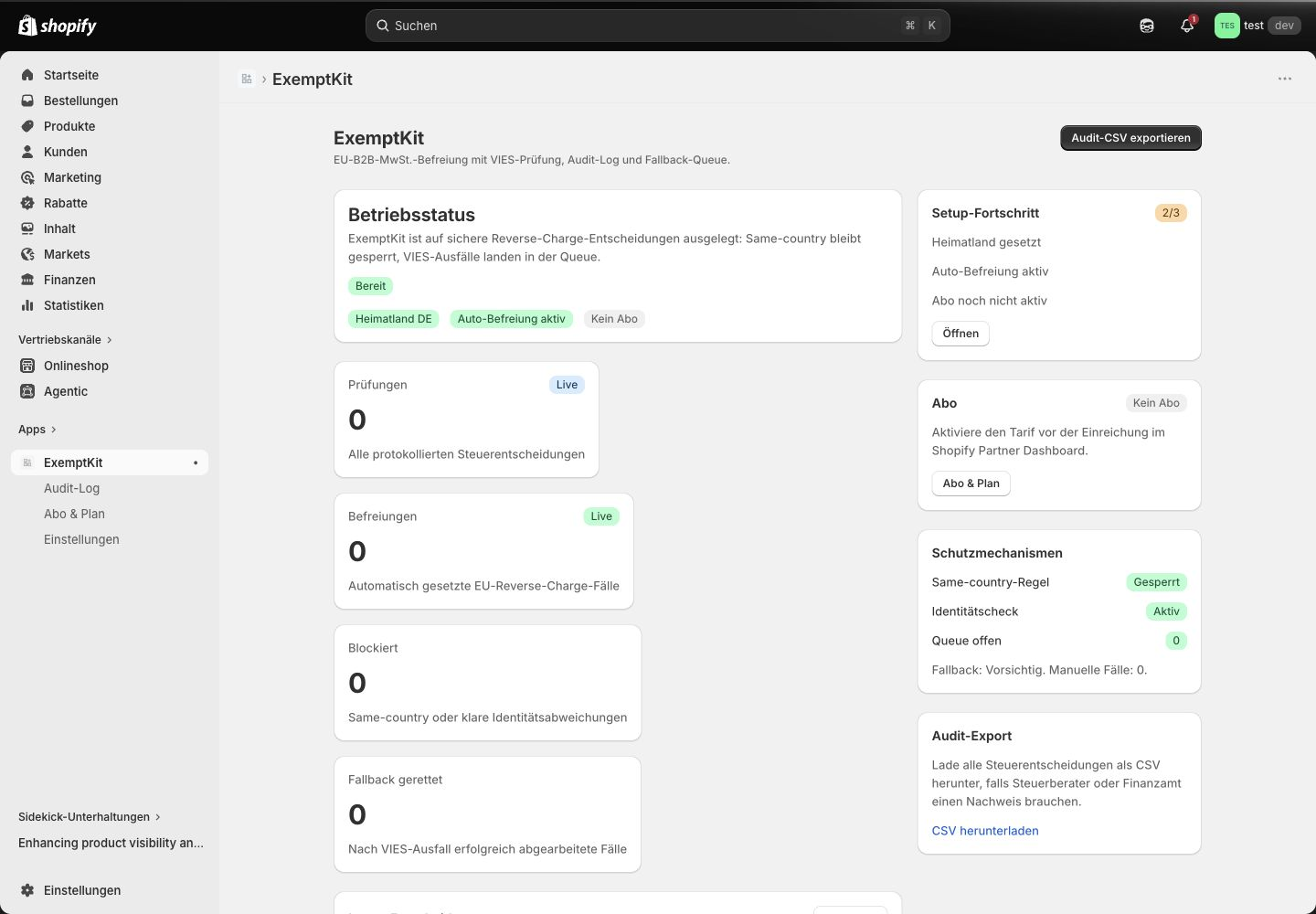 ExemptKit Shopify admin dashboard